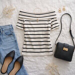 💚 Capella Off Shoulder Black White Striped Top Size S